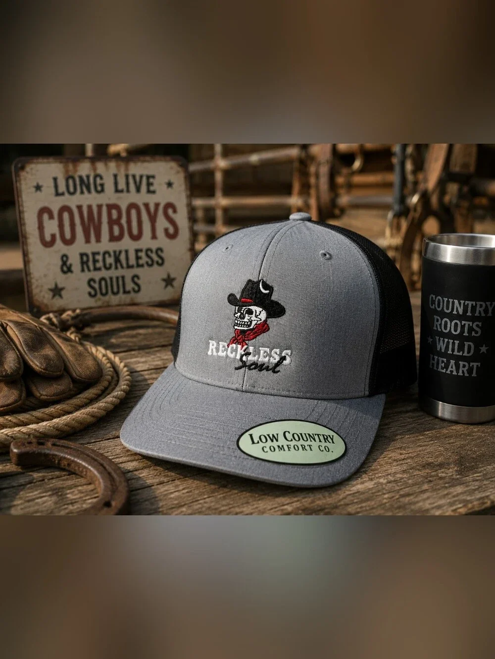 🤠💀 Reckless Soul Cowboy Skull Trucker Hat | Low Country Comfort Co HeatherGray